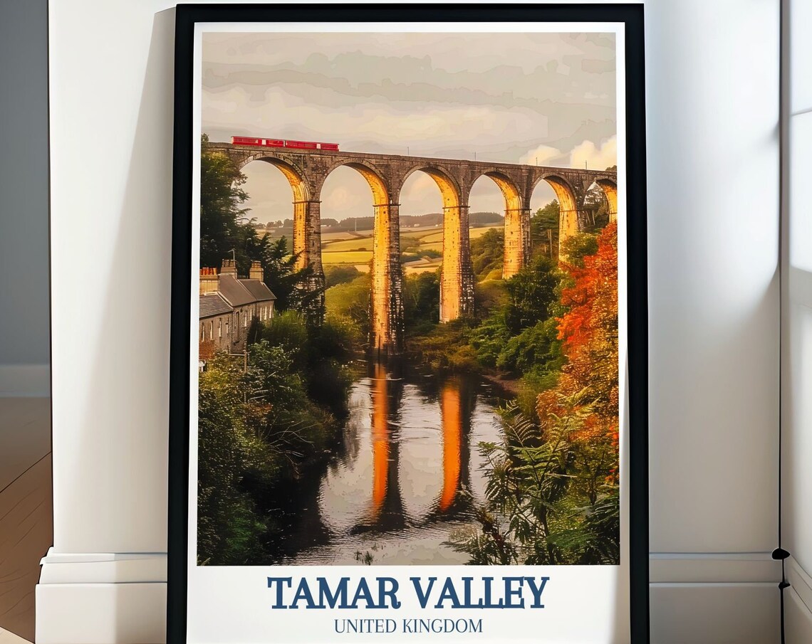 Calstock Viaduct Red Train Over Autumn River UK Travel Poster