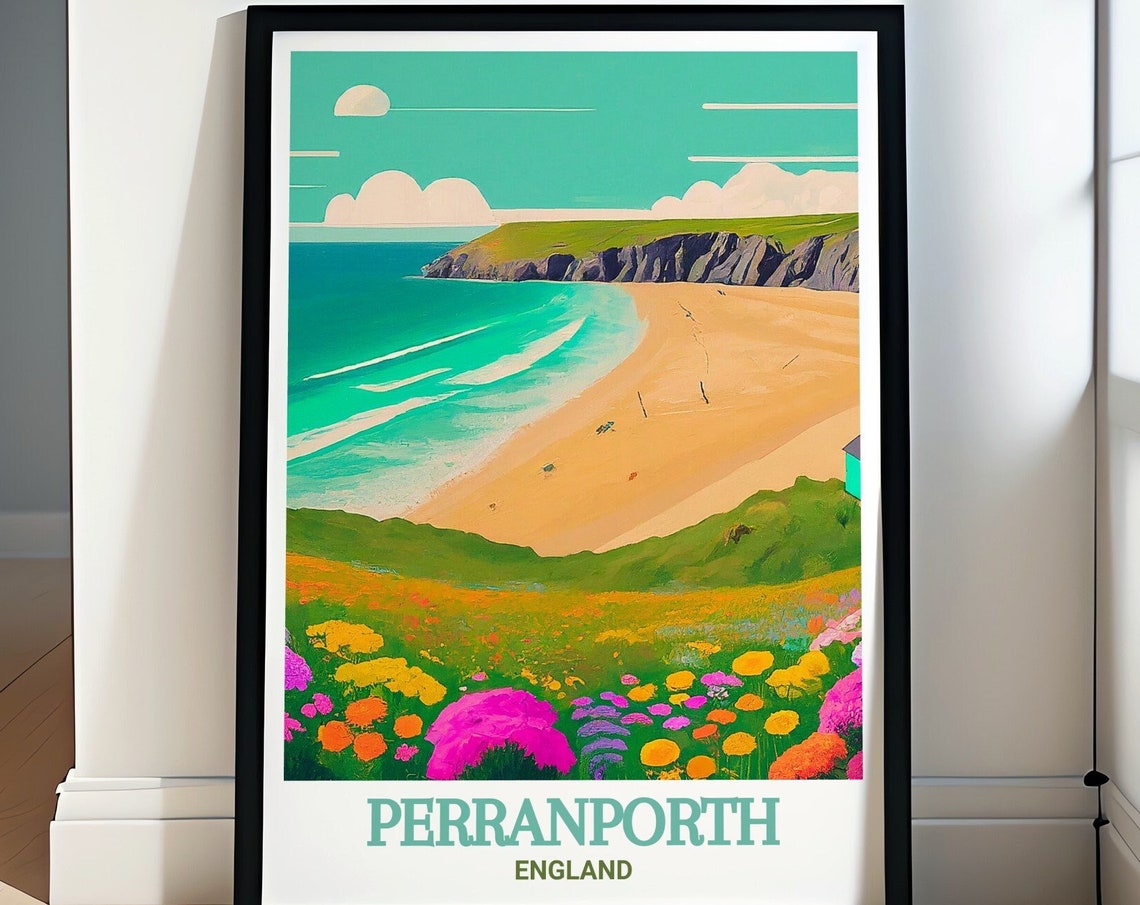 Perranporth Sandy Beach Cliffs Wildflowers Vintage Travel Poster