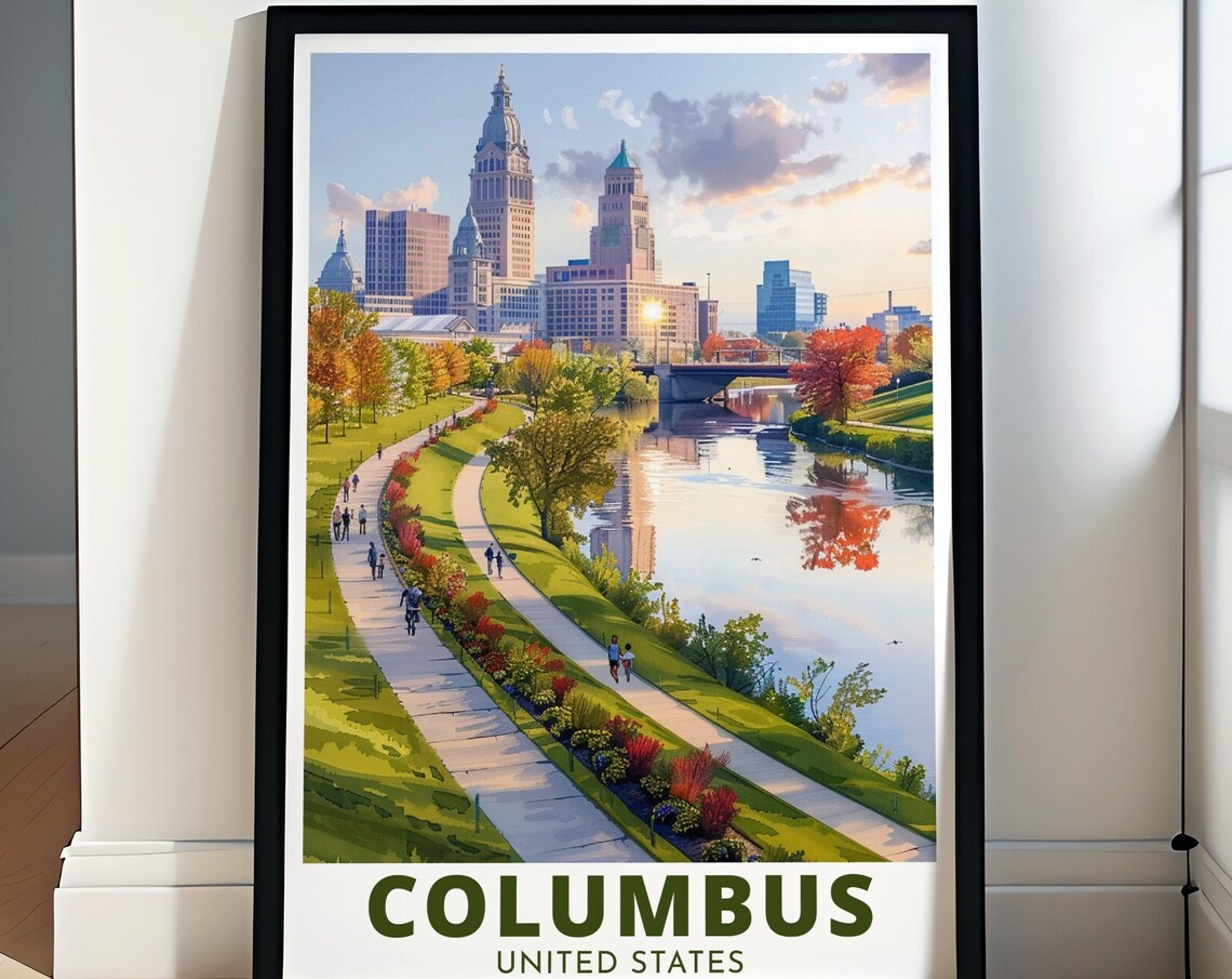 Columbus Ohio Scioto Mile Riverside Park Skyline Travel Poster