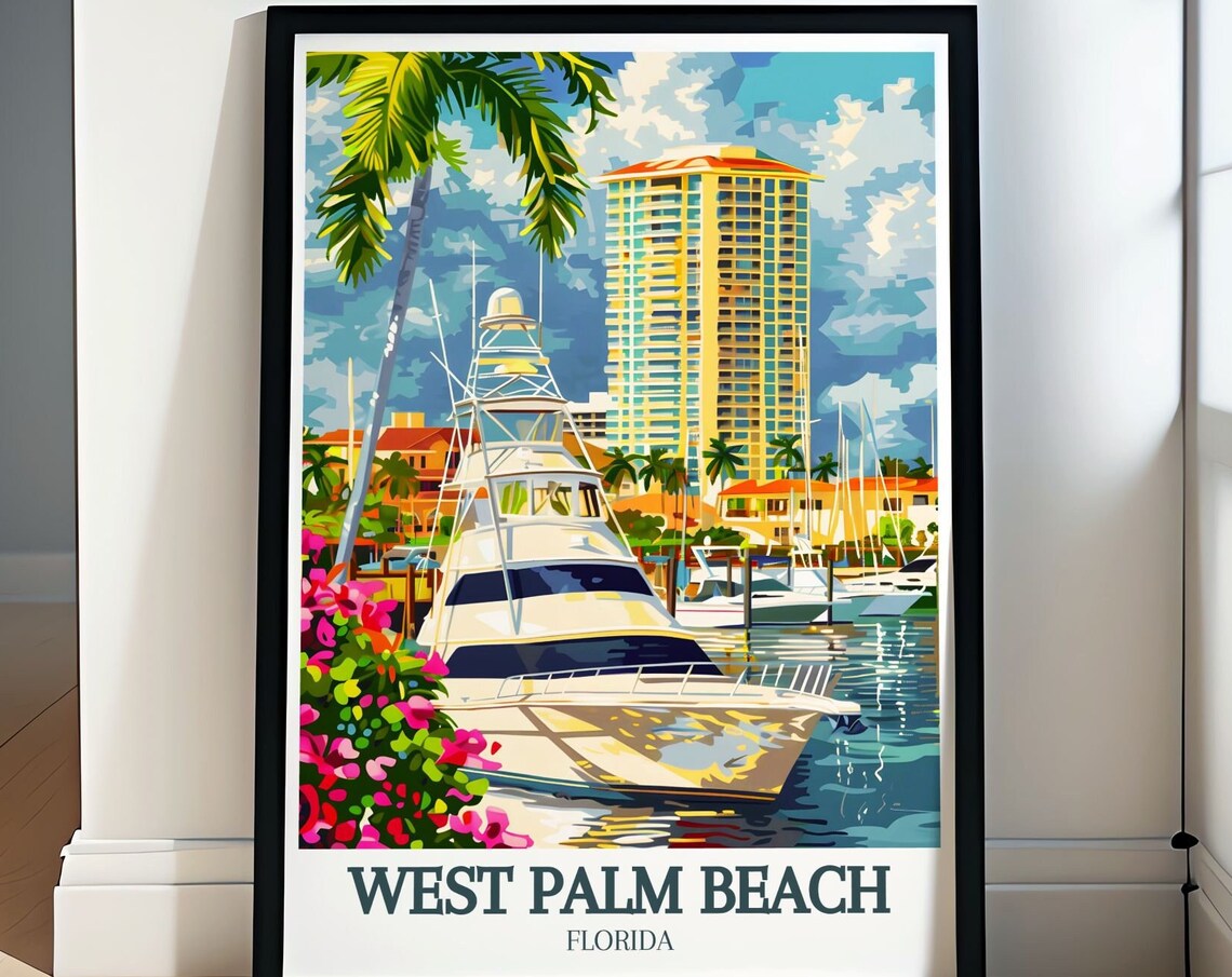 West Palm Beach Marina Yacht Palm Trees Vintage Travel Poster