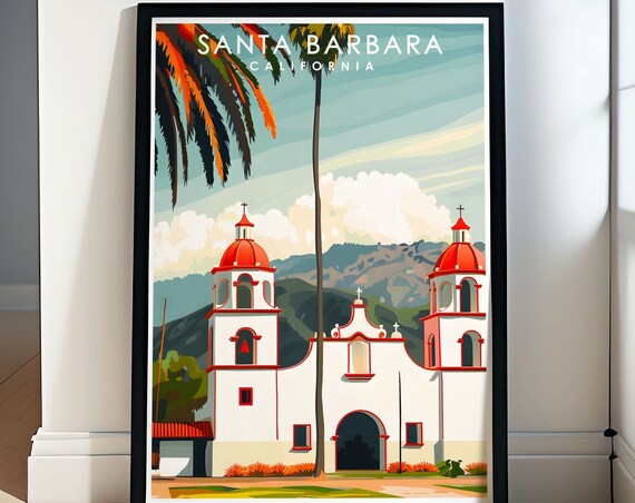 Santa Barbara Mission Red Domes Palm Trees Spanish Travel Poster