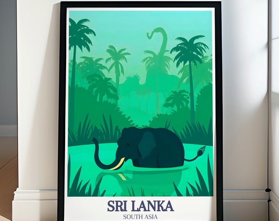 Sri Lanka Elephant River Jungle Emerald Silhouette Travel Art Poster
