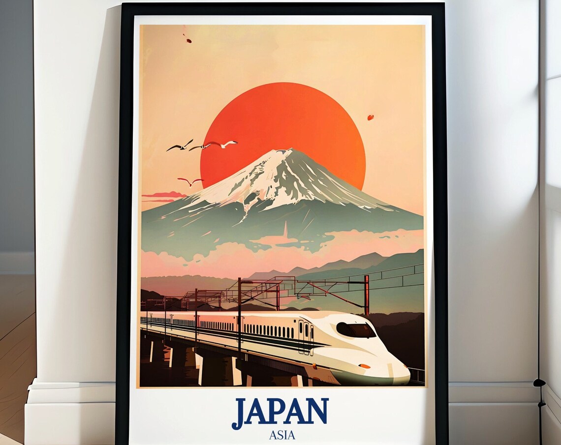 Japan Mount Fuji Red Sun Bullet Train On Bridge Travel Poster