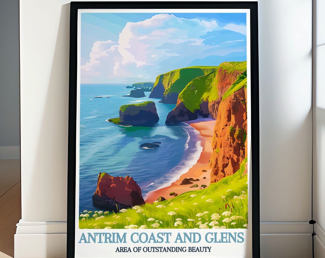 Antrim Coast And Glens Red Cliffs Sunny Beach Vintage Poster