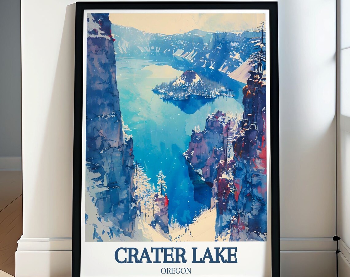 Crater Lake Oregon Snowy Winter Vista Wizard Island Blue Travel Poster