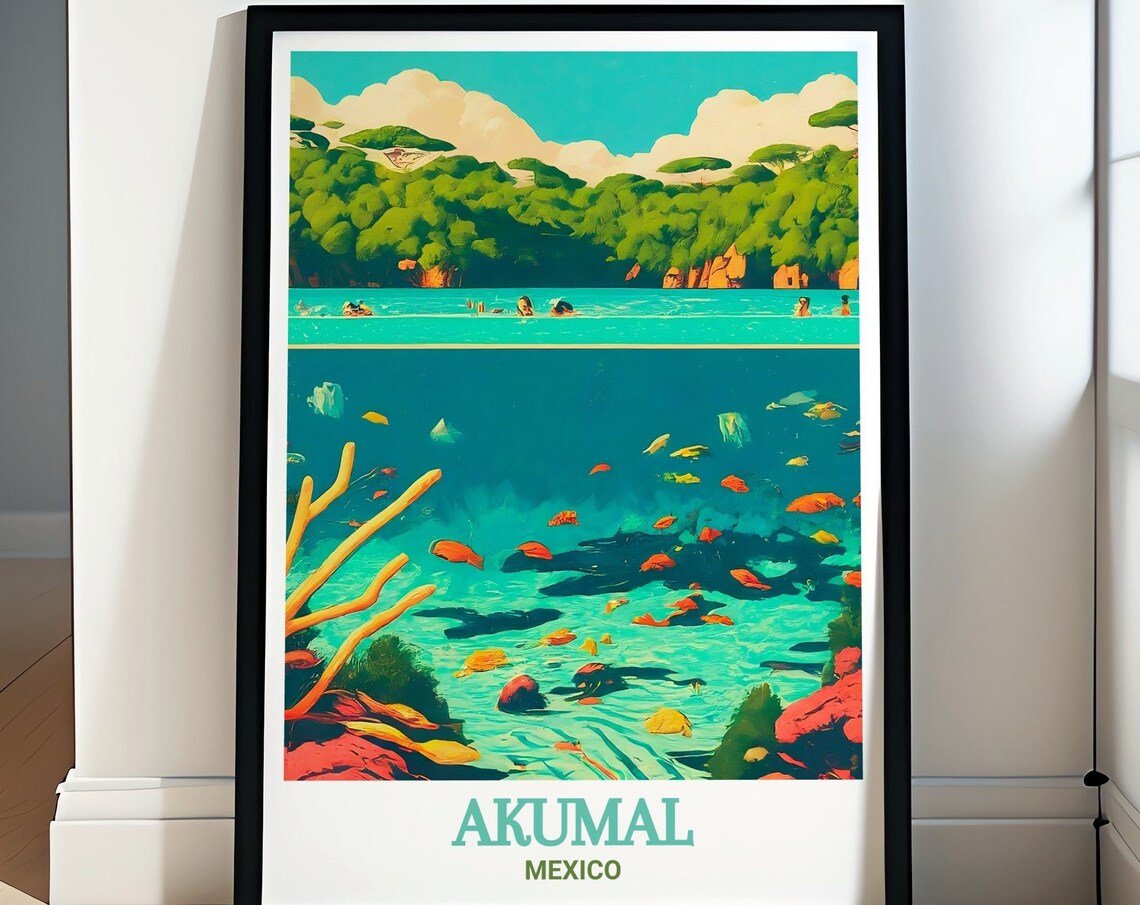 Akumal Mexico Snorkeling Poster Coral Reef Ocean Tropical Decor