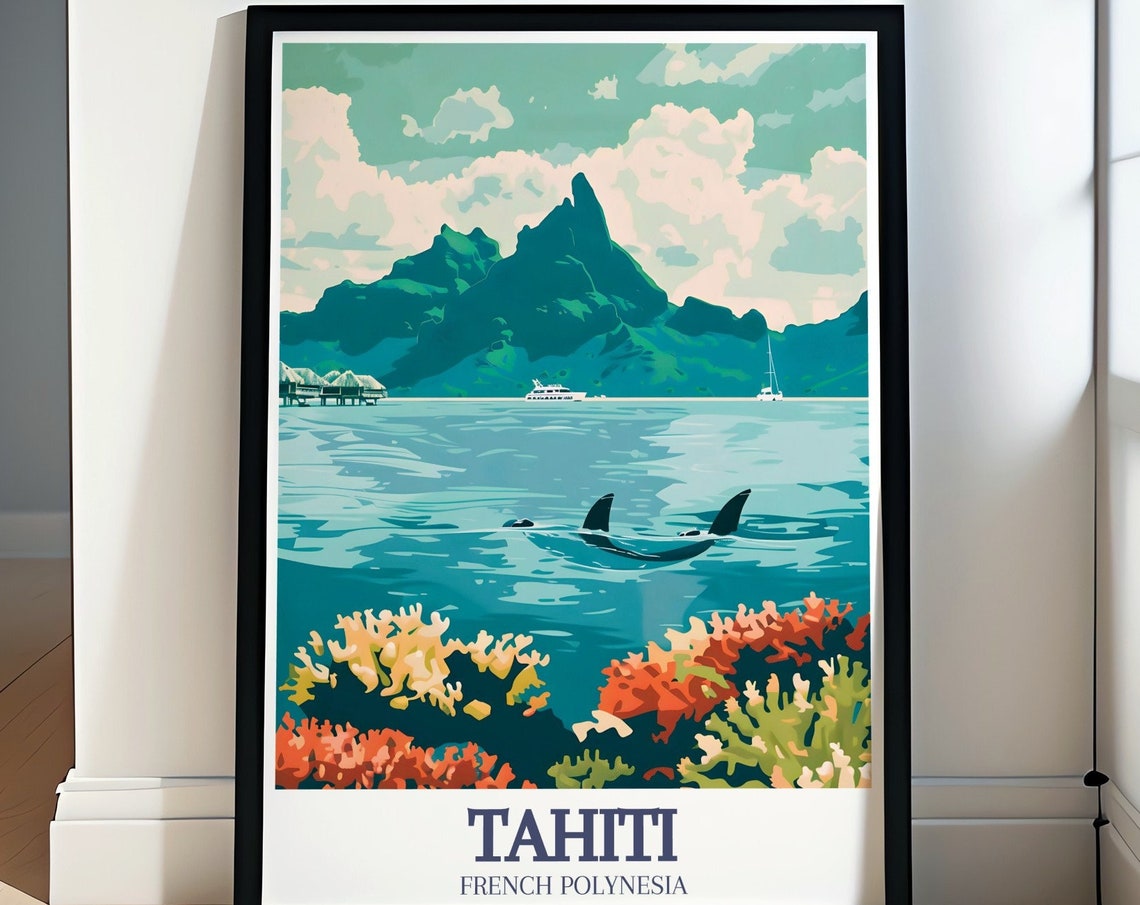 Tahiti French Polynesia Lagoon Dolphins Coral Reef Travel Poster