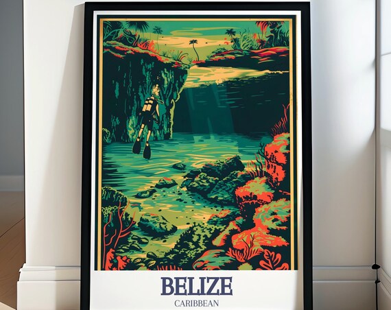 Belize Blue Hole Scuba Diver Coral Reef Caribbean Dive Poster