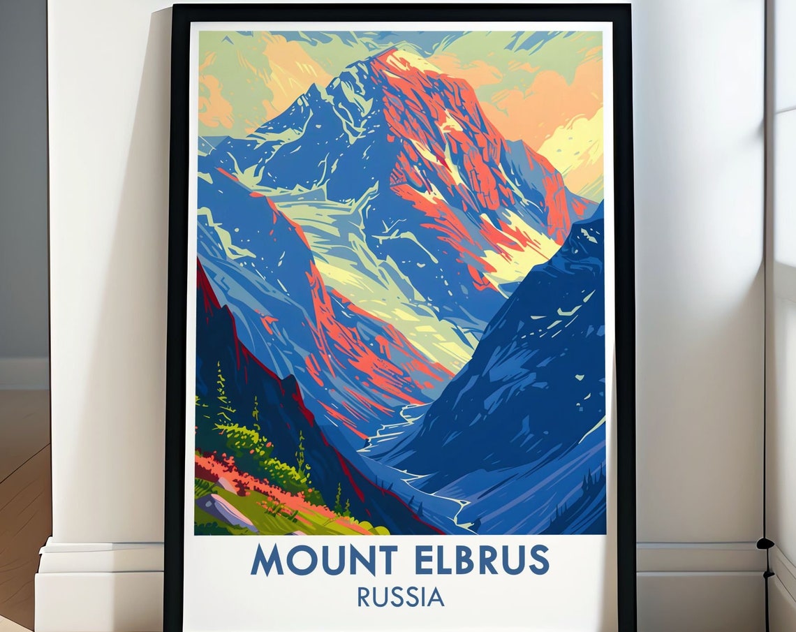 Mount Elbrus Glowing Red Peak at Sunset Over Alpine Valley Poster