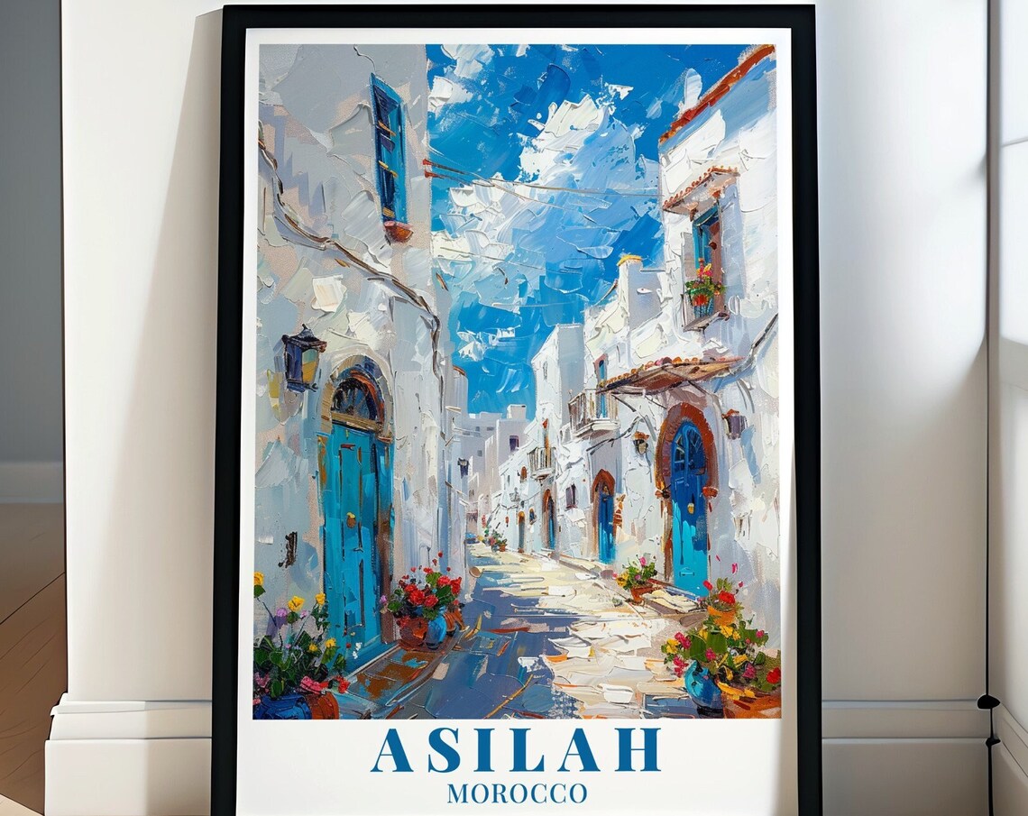 Asilah Medina White Alley with Blue Doors Morocco Travel Poster