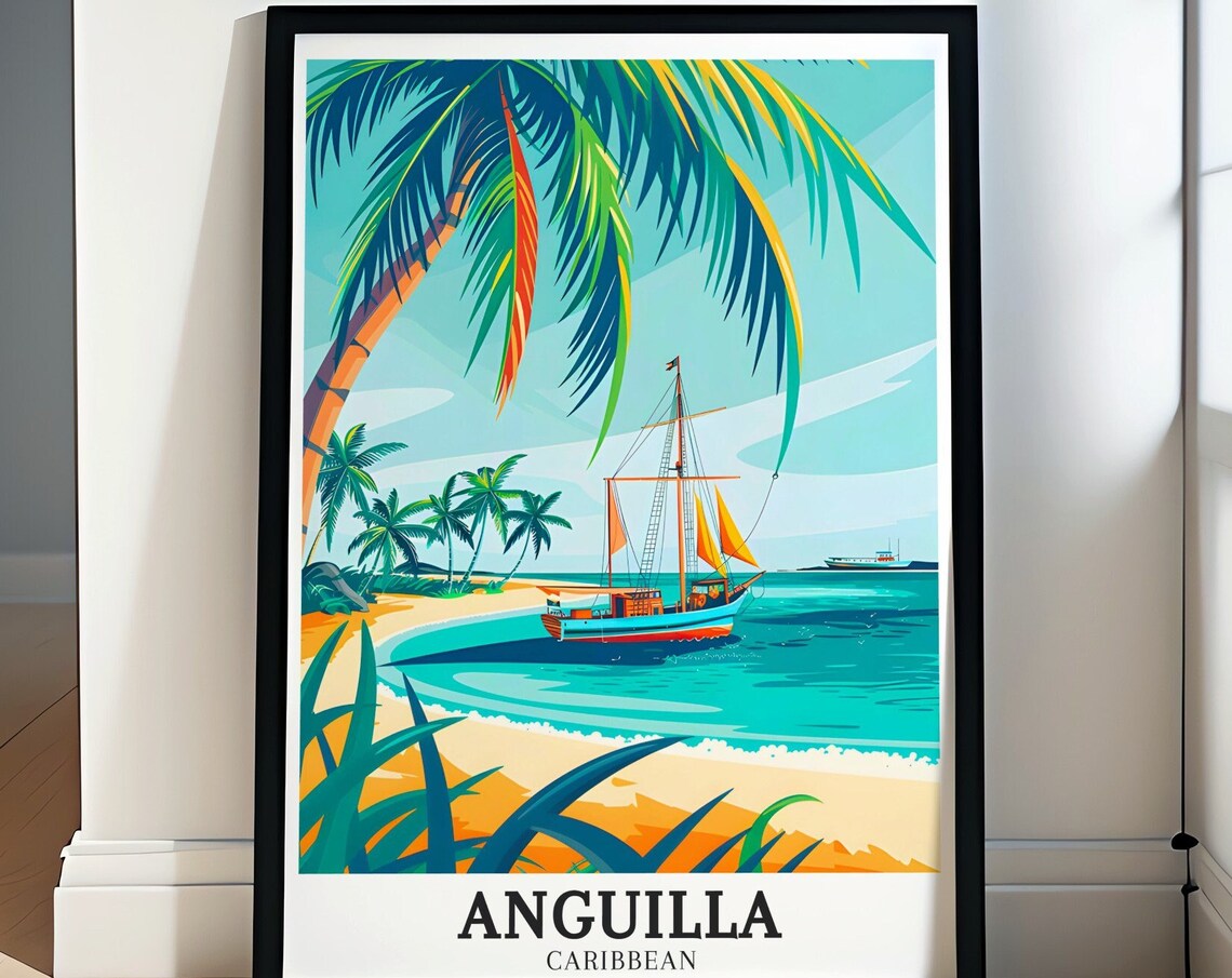 Anguilla Caribbean Sailboat Palm Beach Island Escape Travel Poster