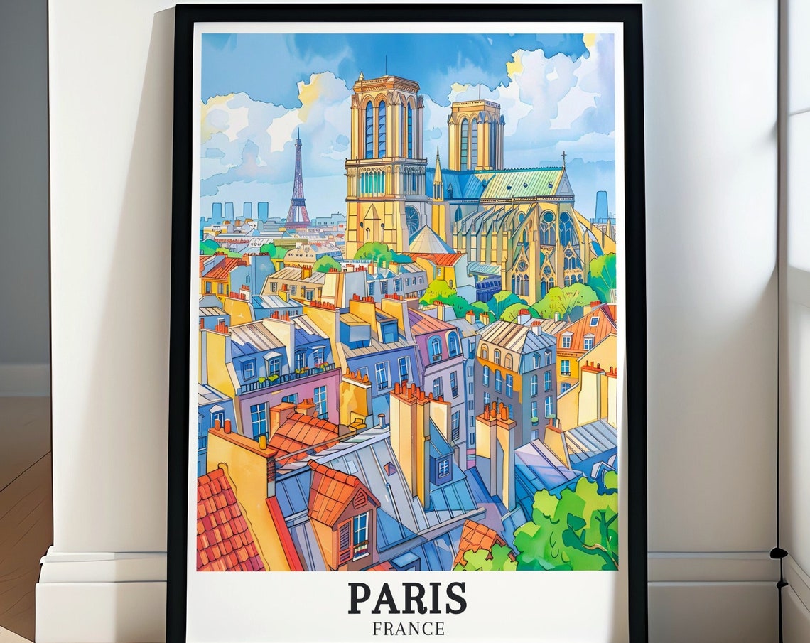 Notre Dame Cathedral Paris Rooftops Watercolor Travel Poster