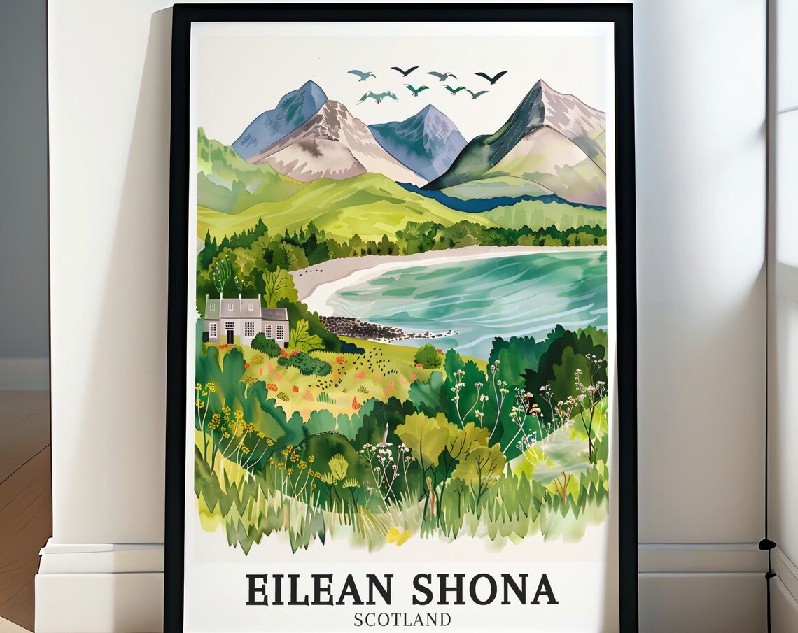 Eilean Shona House Scotland Watercolor Bay Mountain Scene Poster