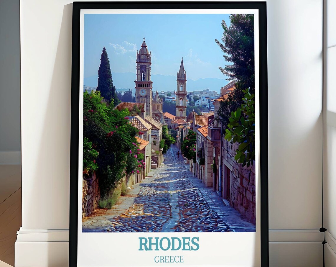 Rhodes Old Town Greece Historic Church Towers Cobbled Street Poster