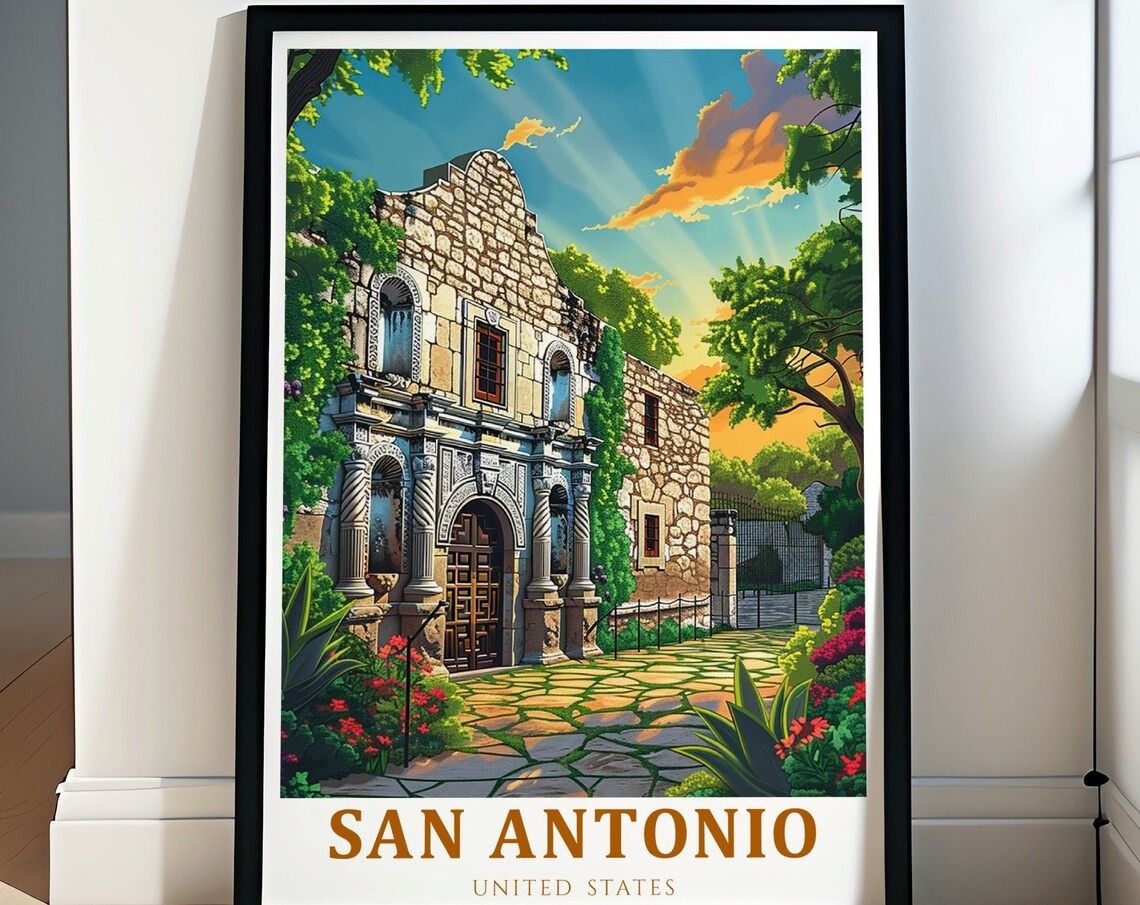 San Antonio United States The Alamo Mission Garden Historic Art Poster