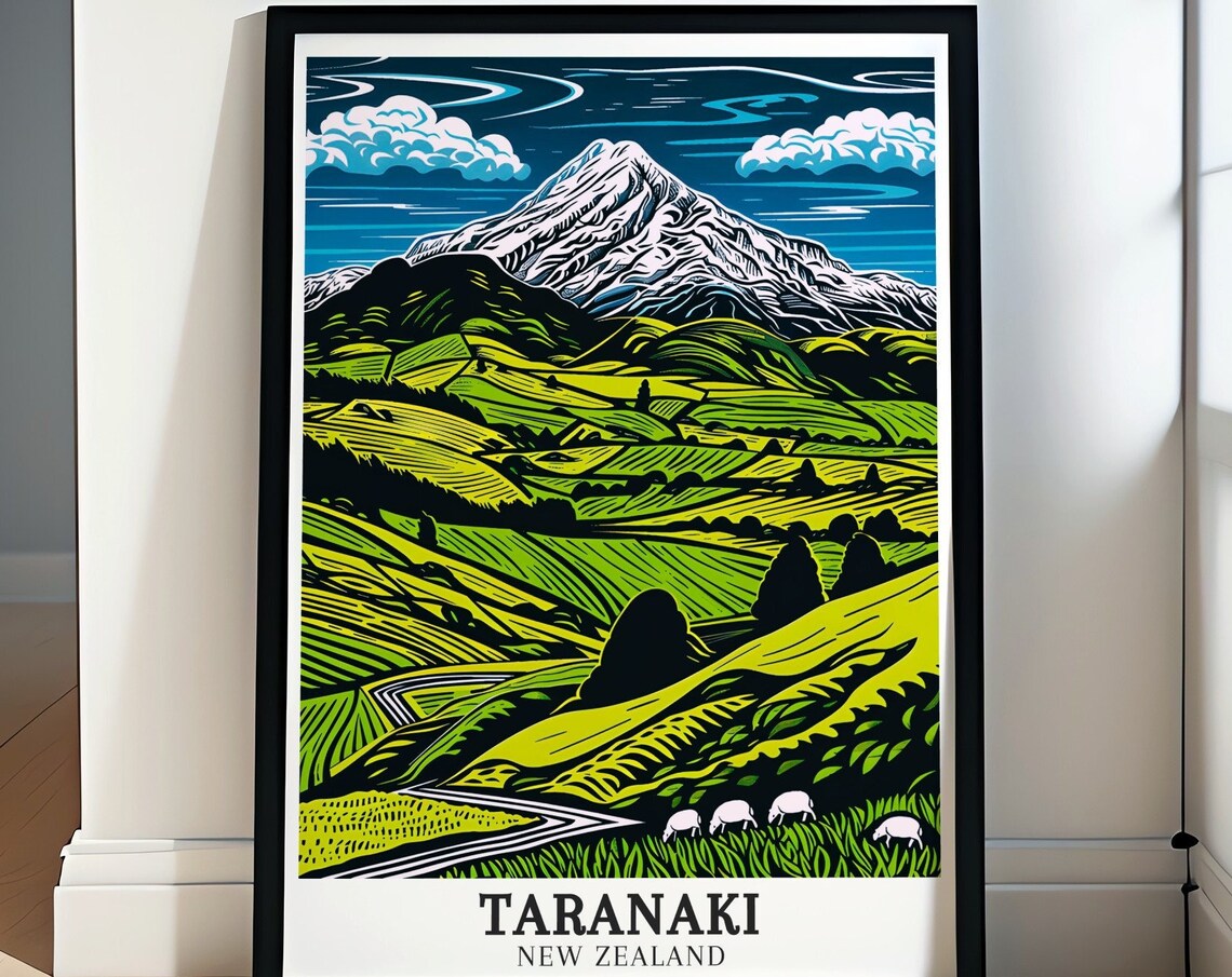 Mount Taranaki Woodblock Style Green Valley Sheep Travel Poster