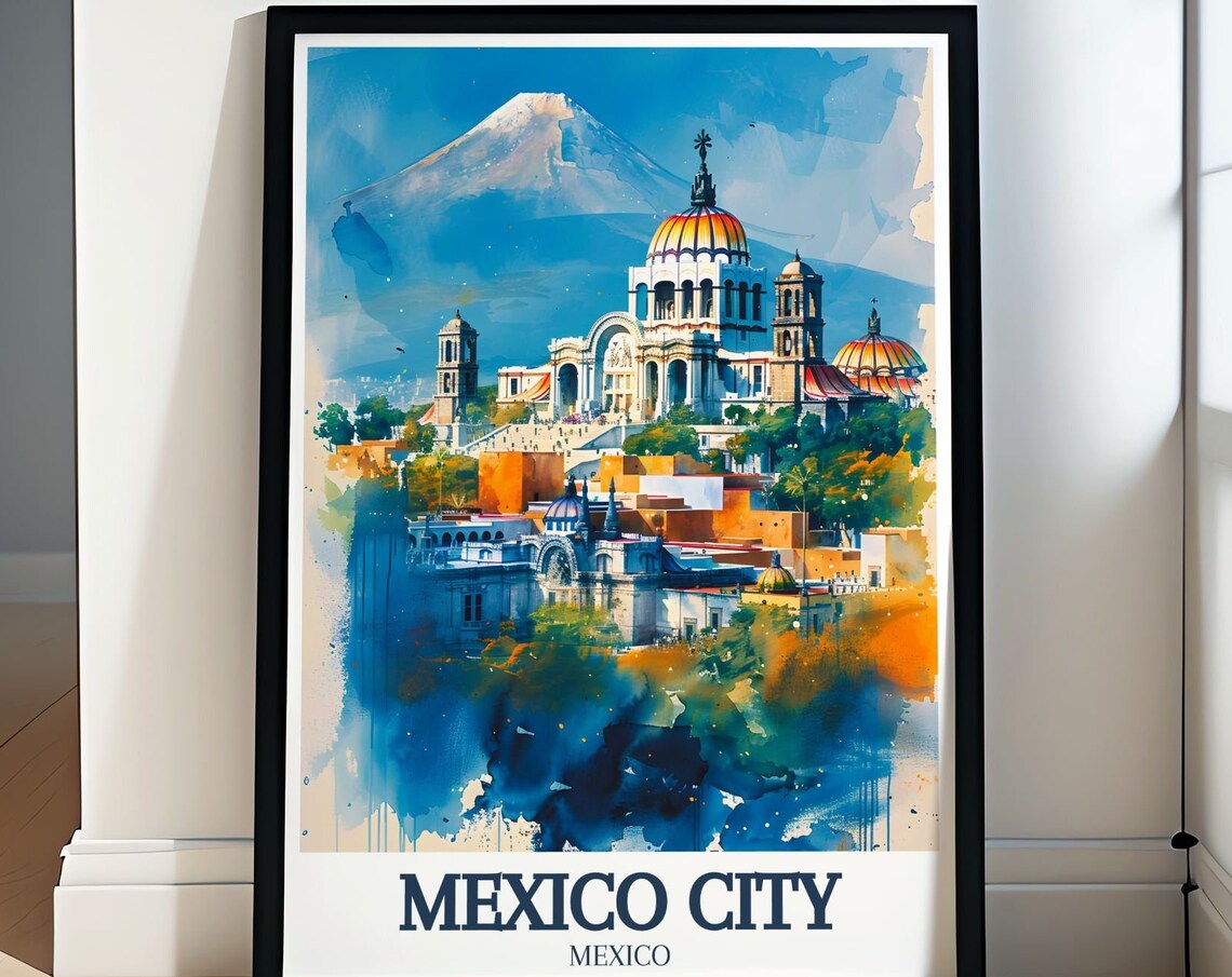 Mexico City Mexico Cathedral Watercolor Volcano View Travel Poster