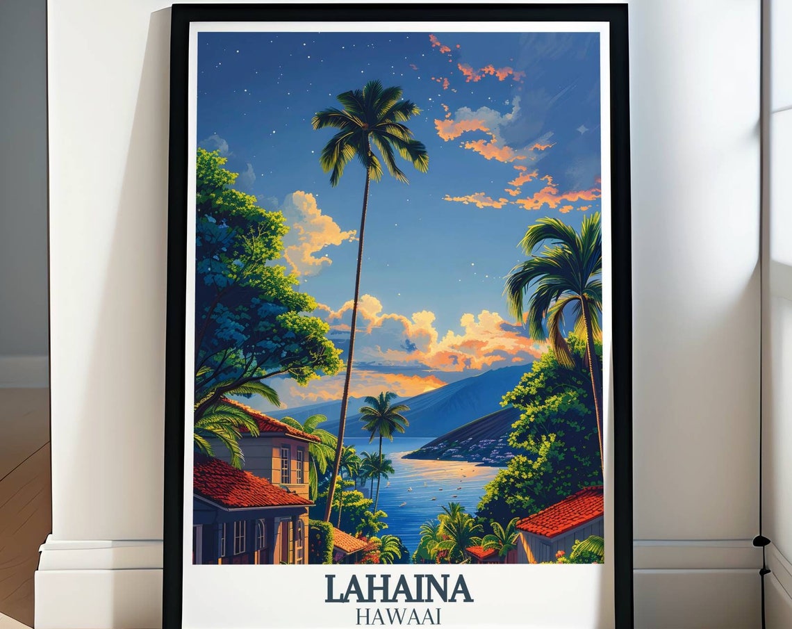 Lahaina Hawaii Tropical Sunset Bay Coast Palms Starry Night Poster
