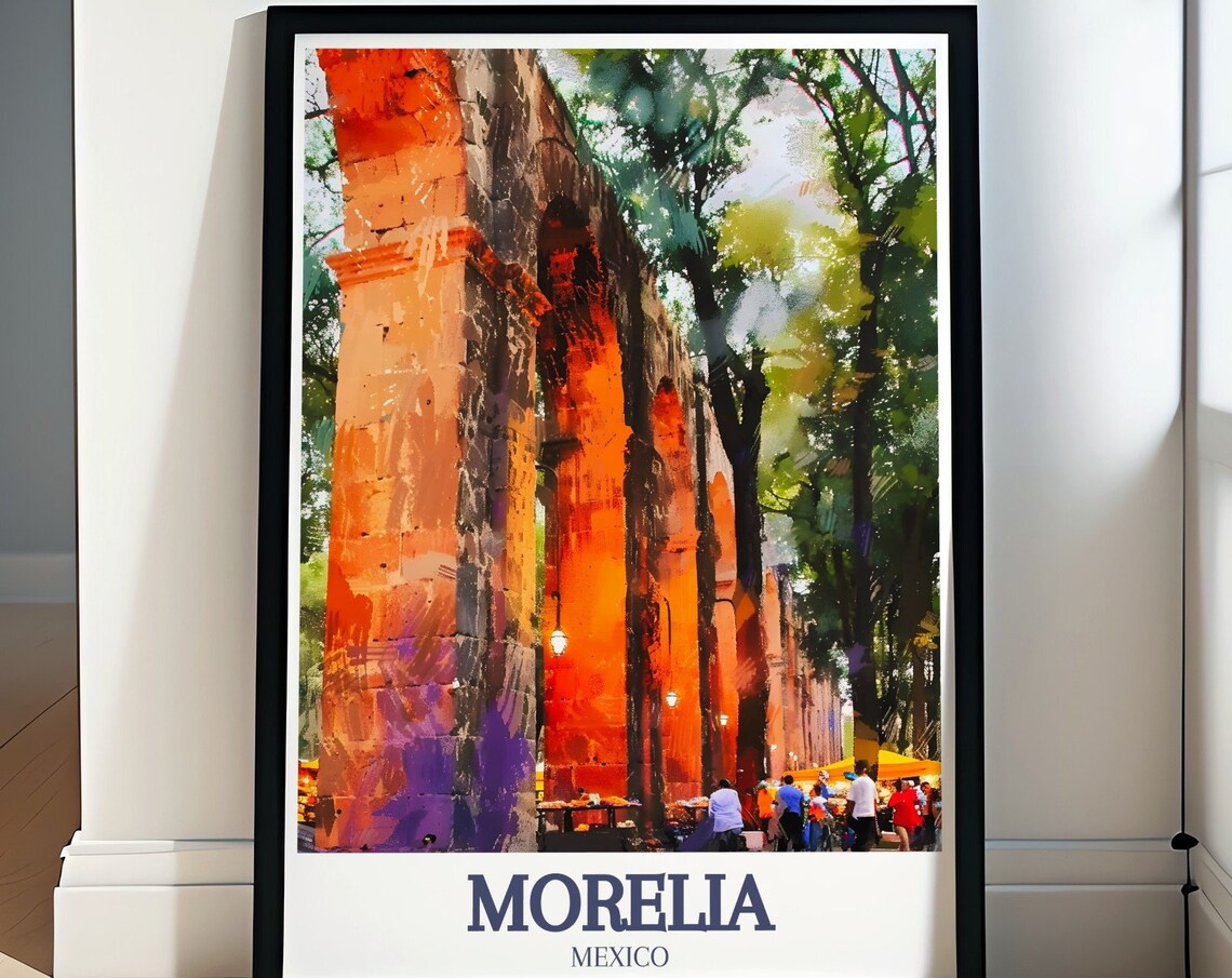 Morelia Mexico Aqueduct Stone Arches Street Market Travel Poster
