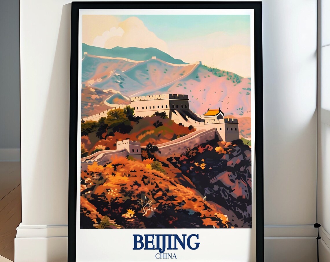 Beijing Great Wall of China Autumn Mountains Vintage Travel Poster