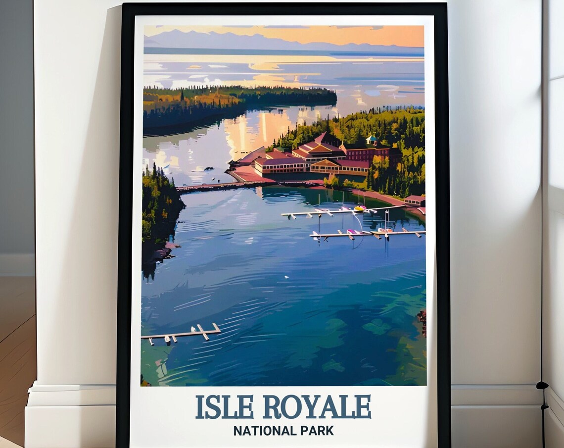 Isle Royale Rock Harbor Lodge Aerial Lake Sunset Travel Poster