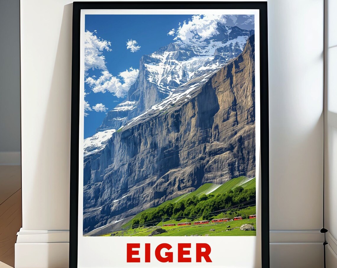 Eiger North Face Snow Cliffs Red Train Switzerland Alpine Poster Mountains