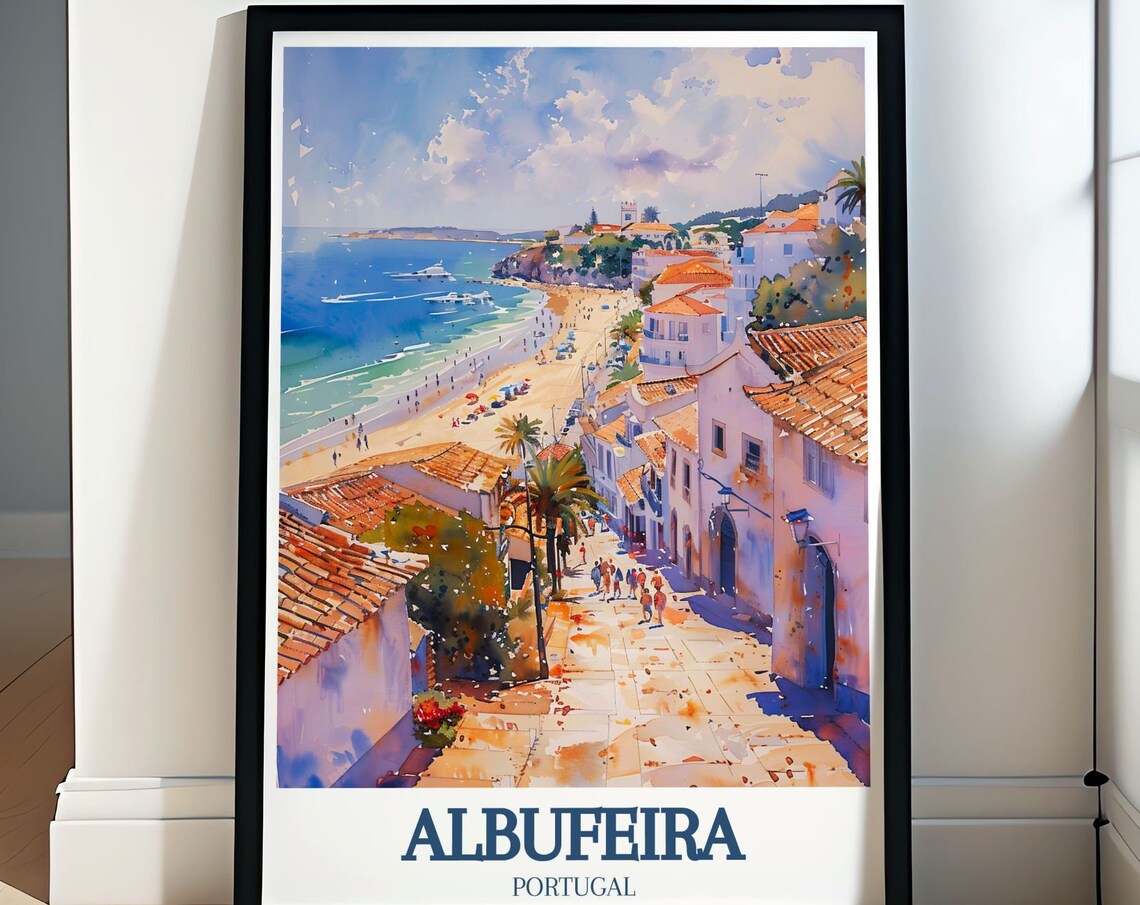 Albufeira Old Town Street Overlooking Sandy Beach Travel Poster