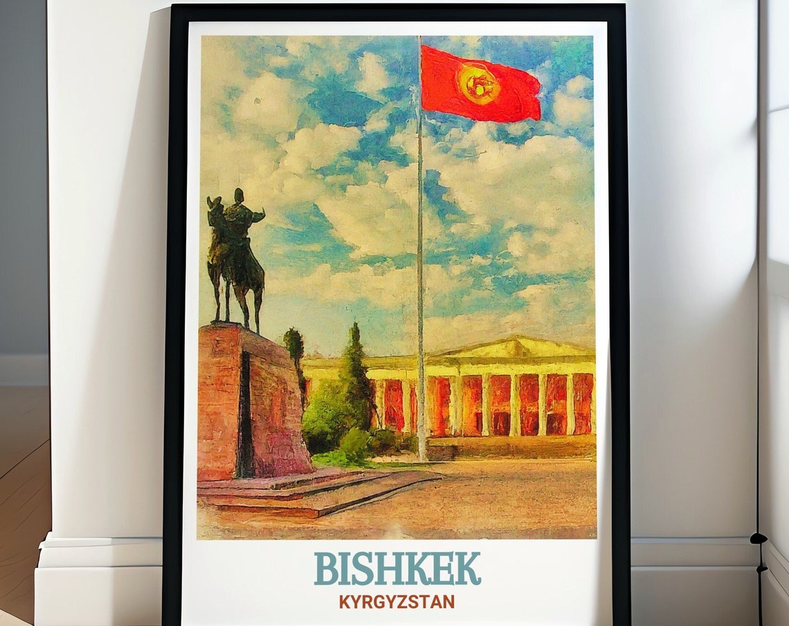 Bishkek Ala-Too Square Manas Statue and Waving Flag Art Poster