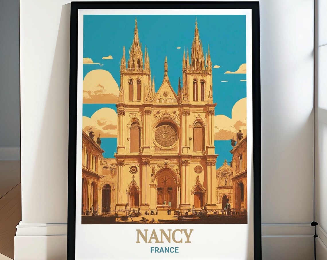 Nancy France Cathedral Gothic Facade Blue Sky Vintage Travel Poster