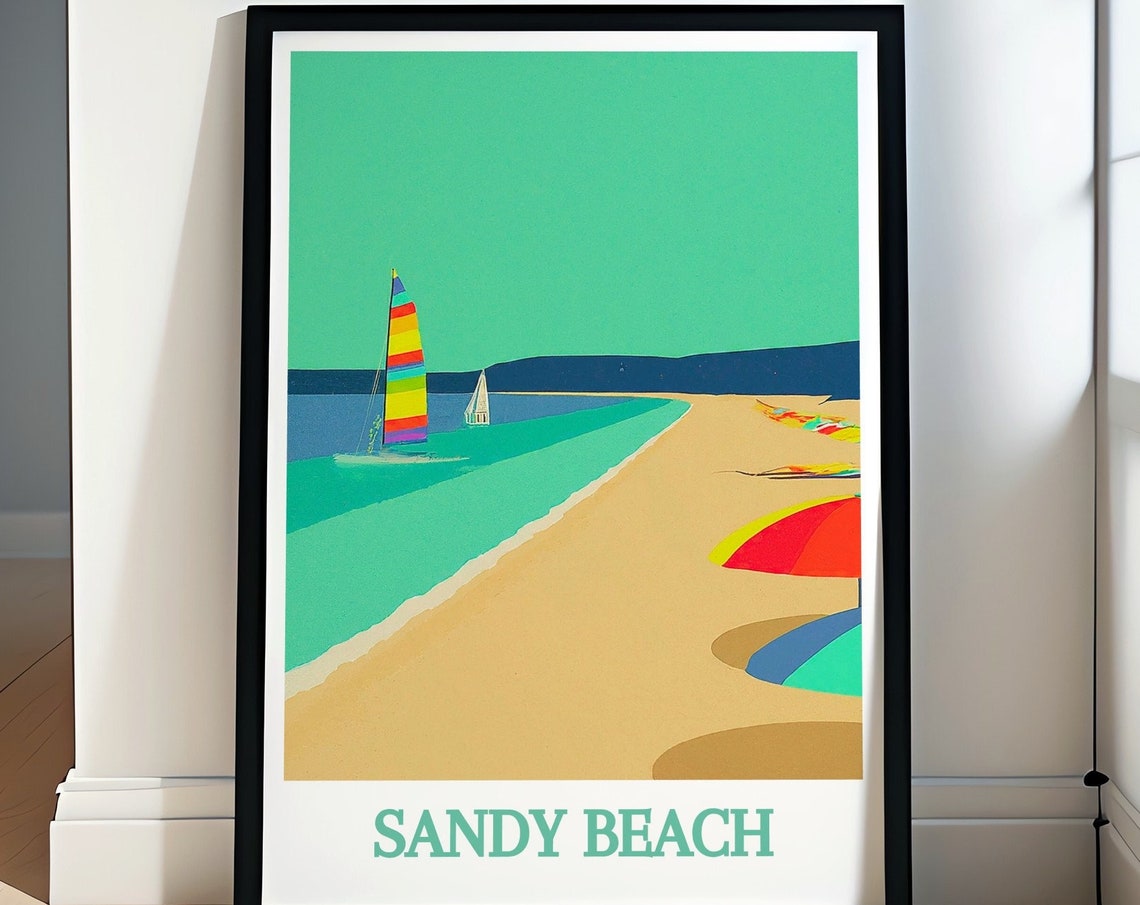 Sandy Beach Sailboats Rainbow Sails Minimalist Coastal Poster