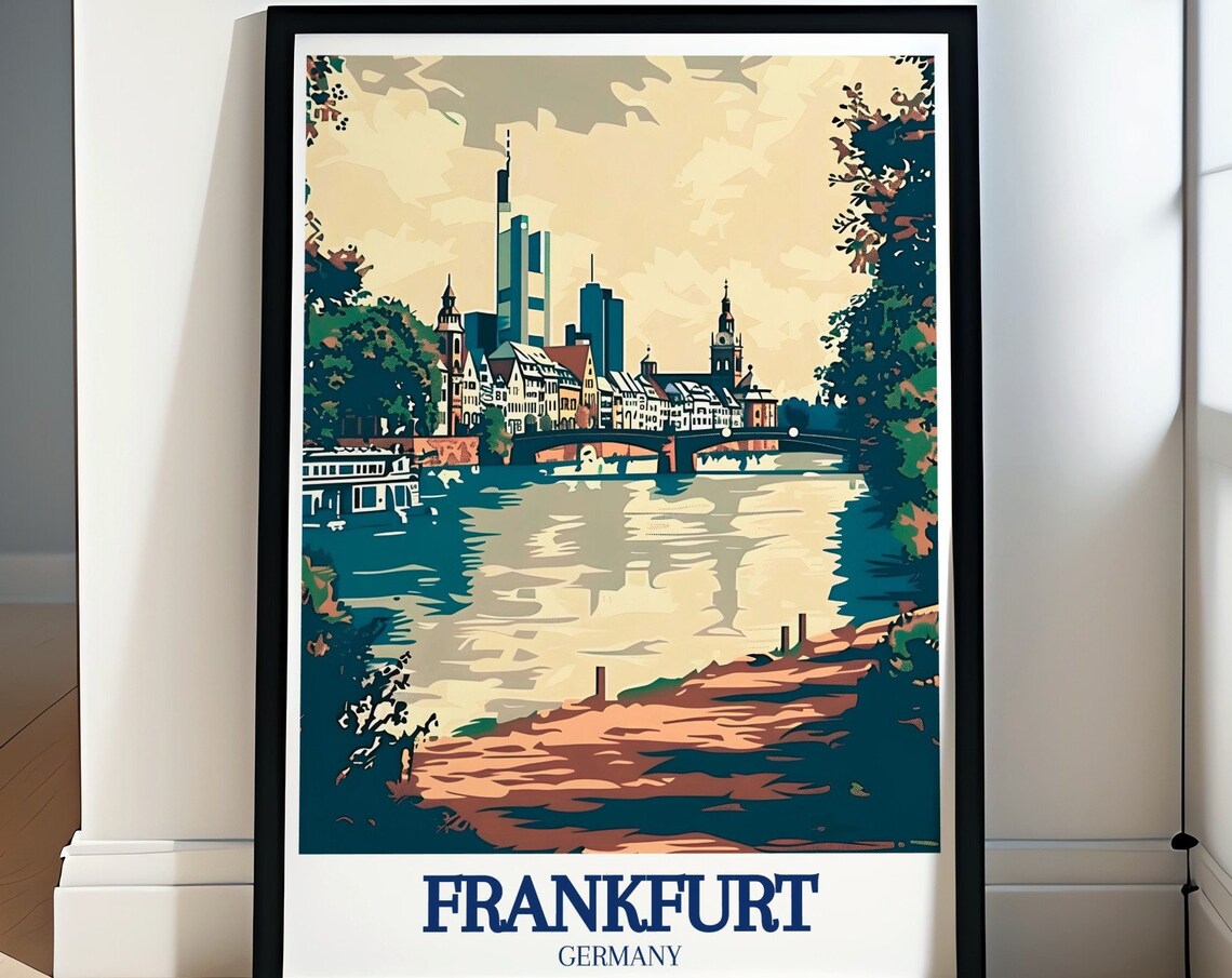 Frankfurt Germany River Main Bridge and Skyline Retro Travel Poster