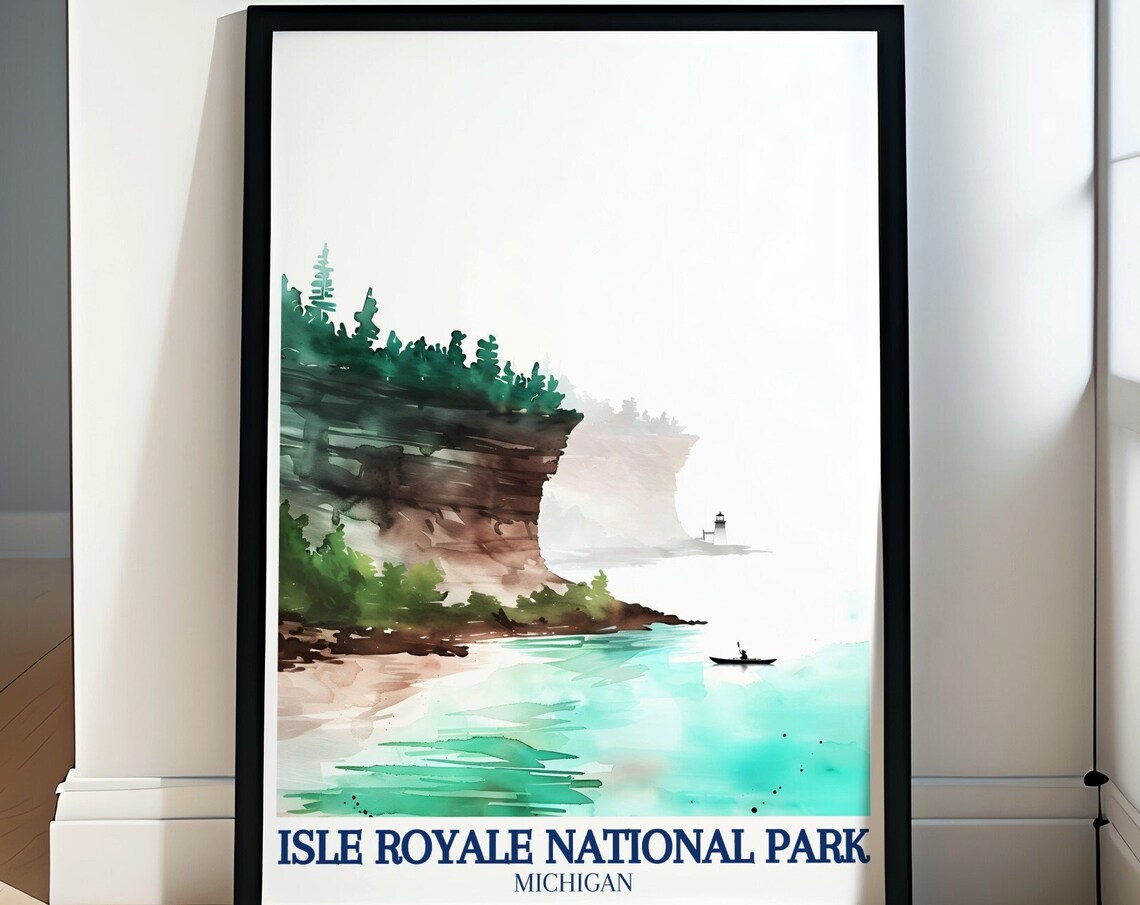 Isle Royale National Park Michigan Watercolor Lighthouse Poster