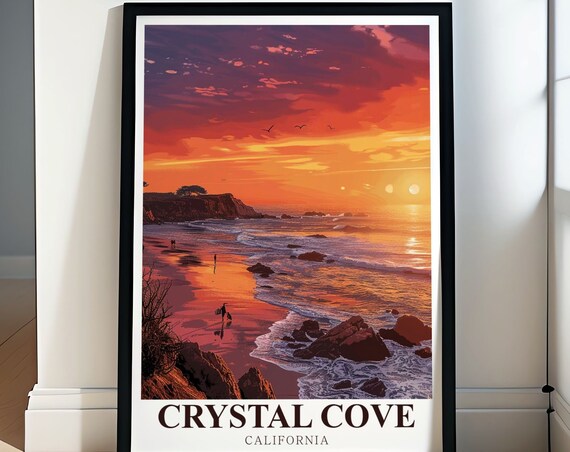 Crystal Cove Beach at Sunset With Surfer and Golden Waves Travel Poster