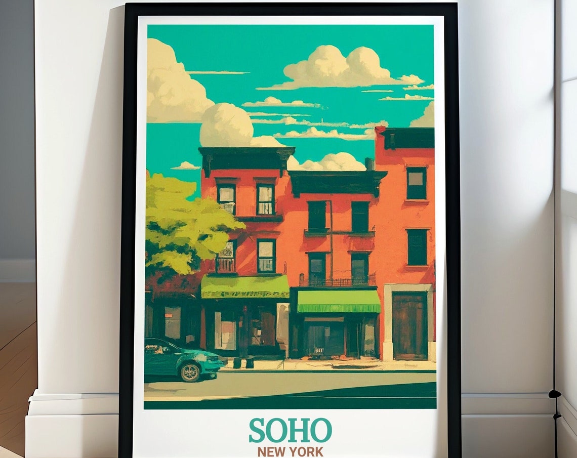 Soho New York Green Street Brick Facade Retro Teal Sky Poster