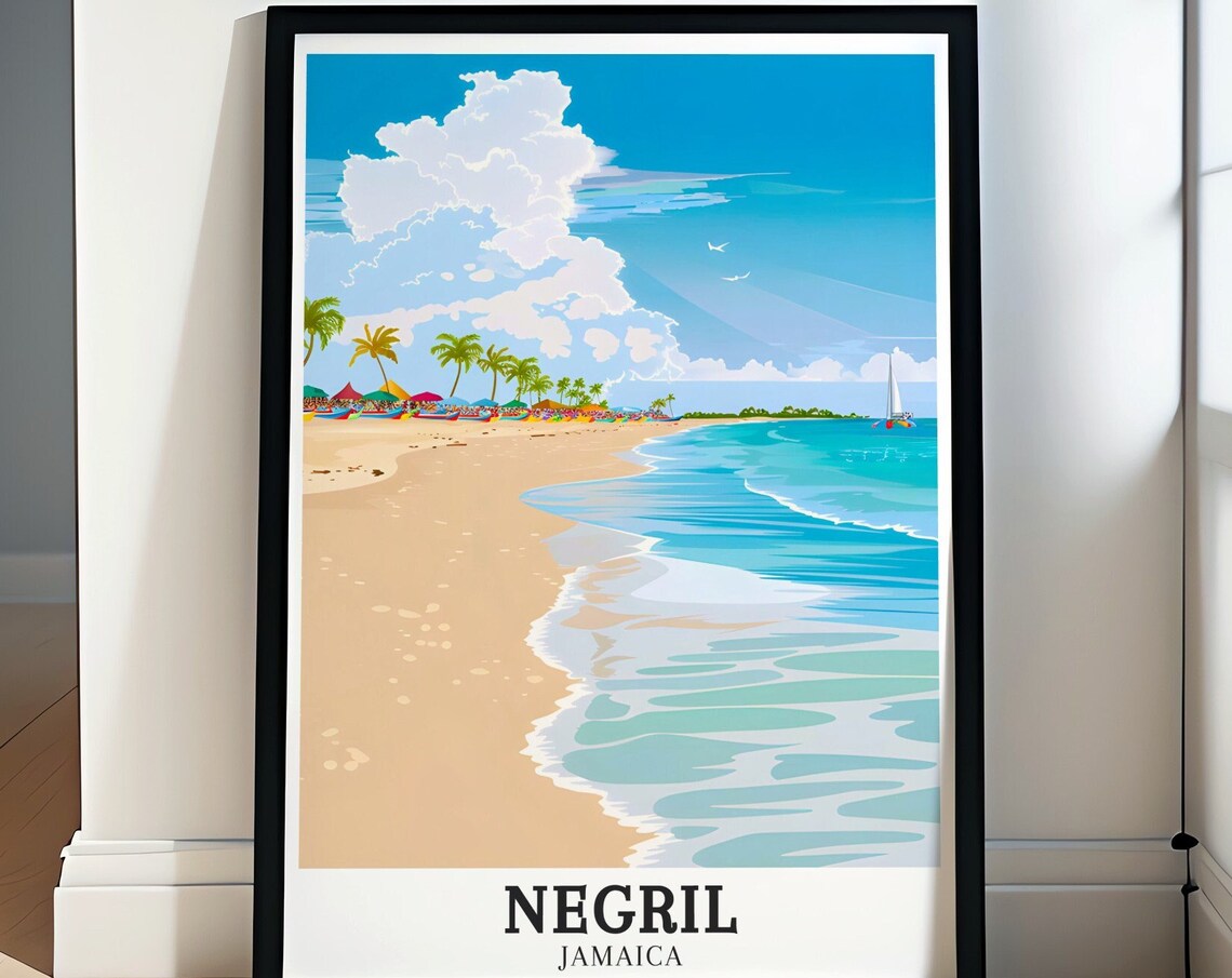 Negril Seven Mile Beach Umbrellas Palm Jamaica Travel Poster