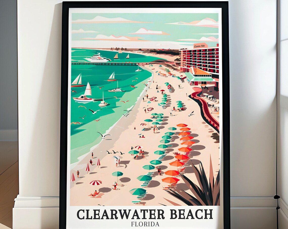 Clearwater Beach Aerial Umbrellas Sailboats Florida Coastal Poster
