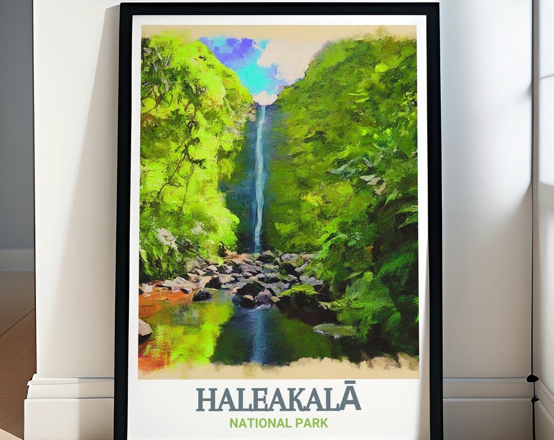 Haleakalā National Park Tall Waterfall Lush Valley Travel Poster