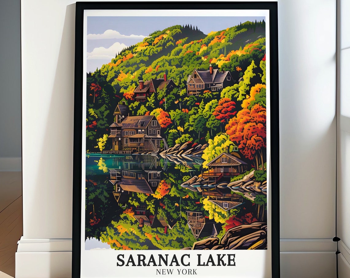 Saranac Lake Autumn Cabins Lakeside Retreat Fall Travel Poster