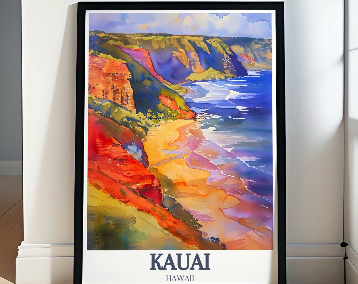 Kauai Hawaii Waimea Canyon Red Cliffs Coast Watercolor Poster