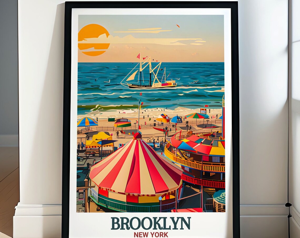 Brooklyn New York Coney Island Boardwalk Carousel Sunset Travel Poster