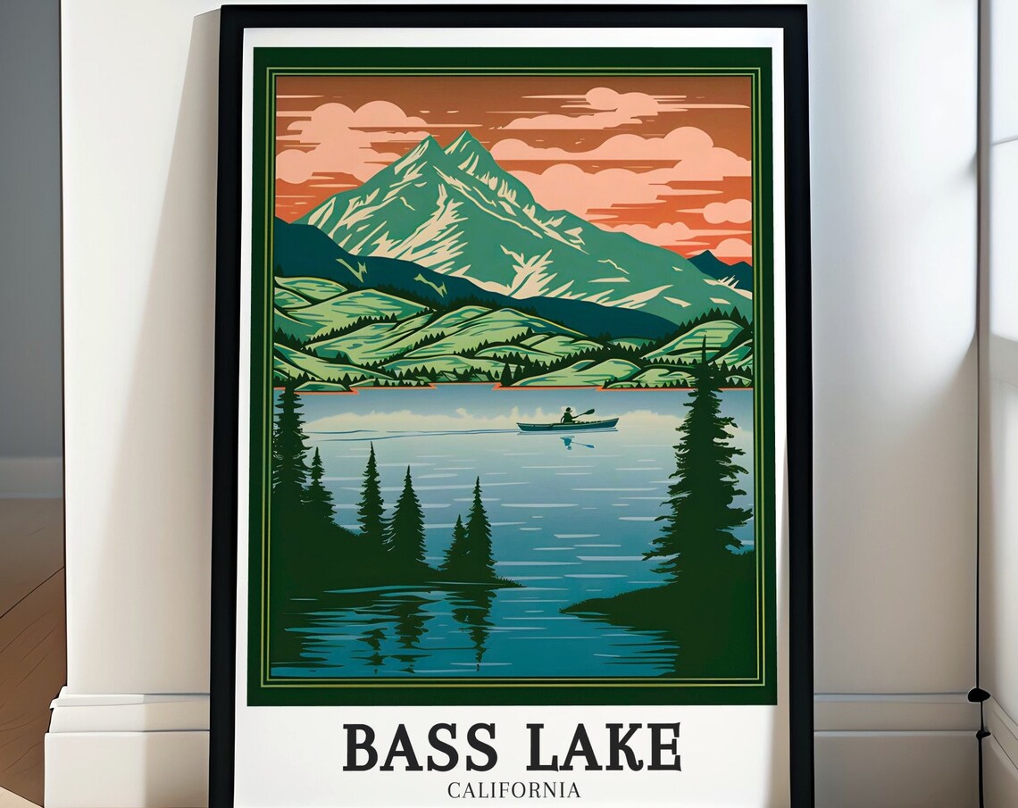 Bass Lake California Kayaker Mountain Sunset Pines Travel Poster