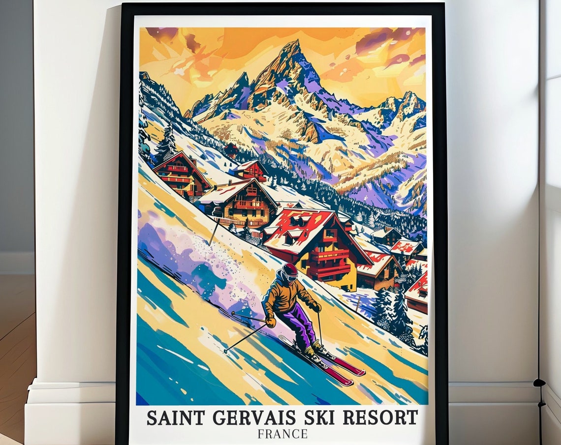 Saint Gervais Skier Above Colorful Alpine Chalets Sunset Poster