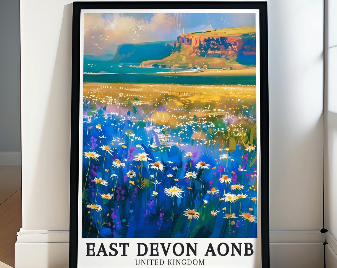 East Devon AONB Wildflower Meadow Red Cliffs Coast Art Poster
