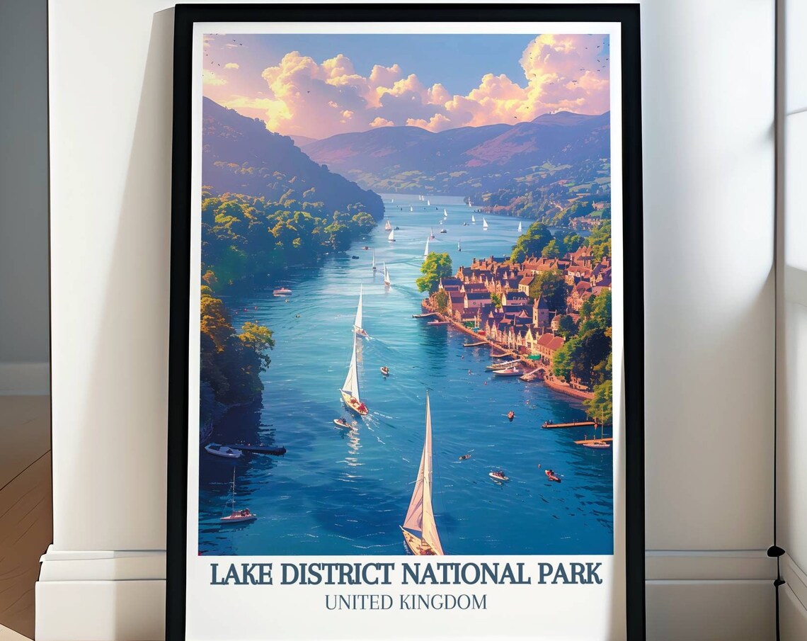 Lake District National Park UK Sailboats Lake Village Poster