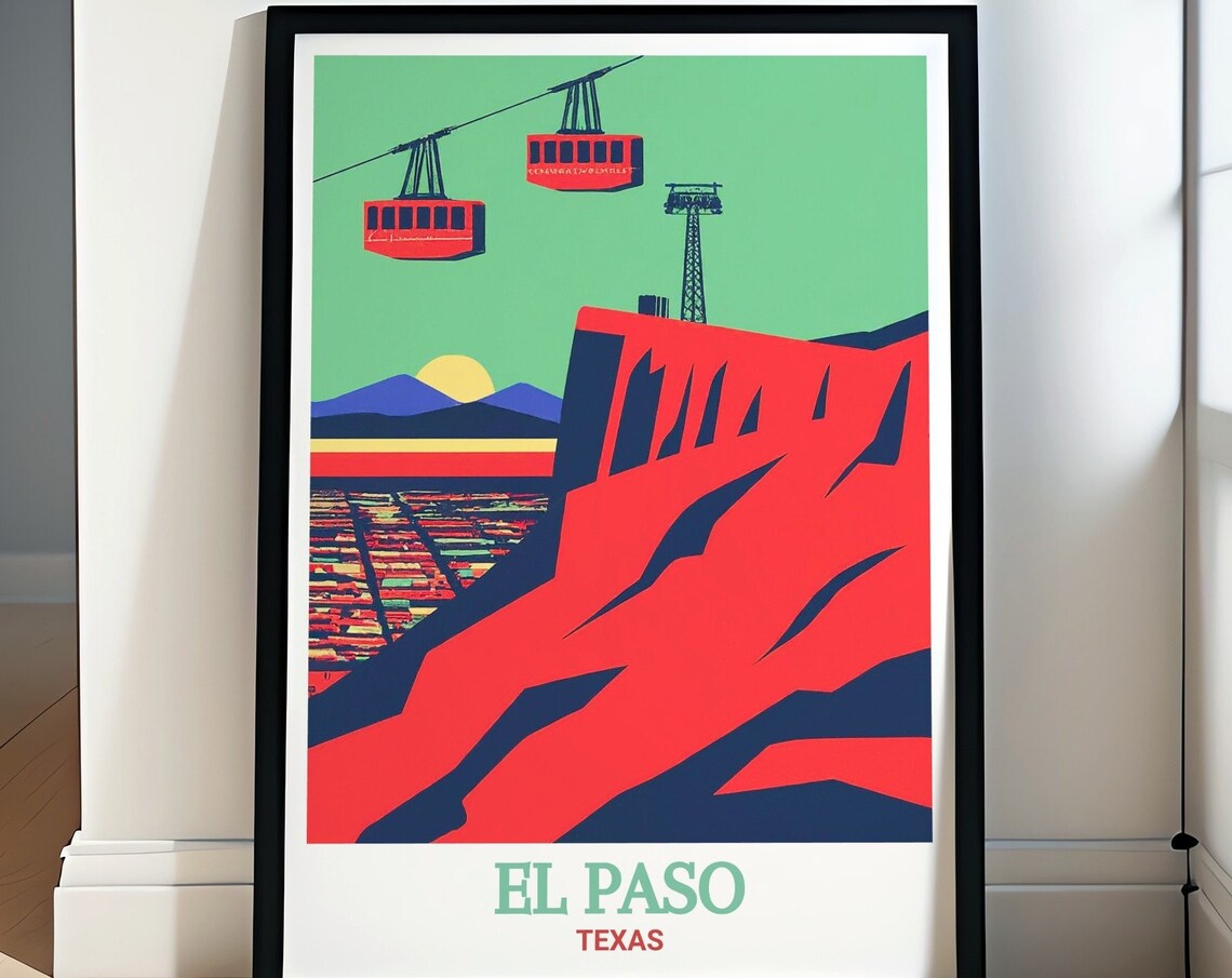 El Paso Texas Wyler Aerial Tramway Sunset Retro Travel Poster