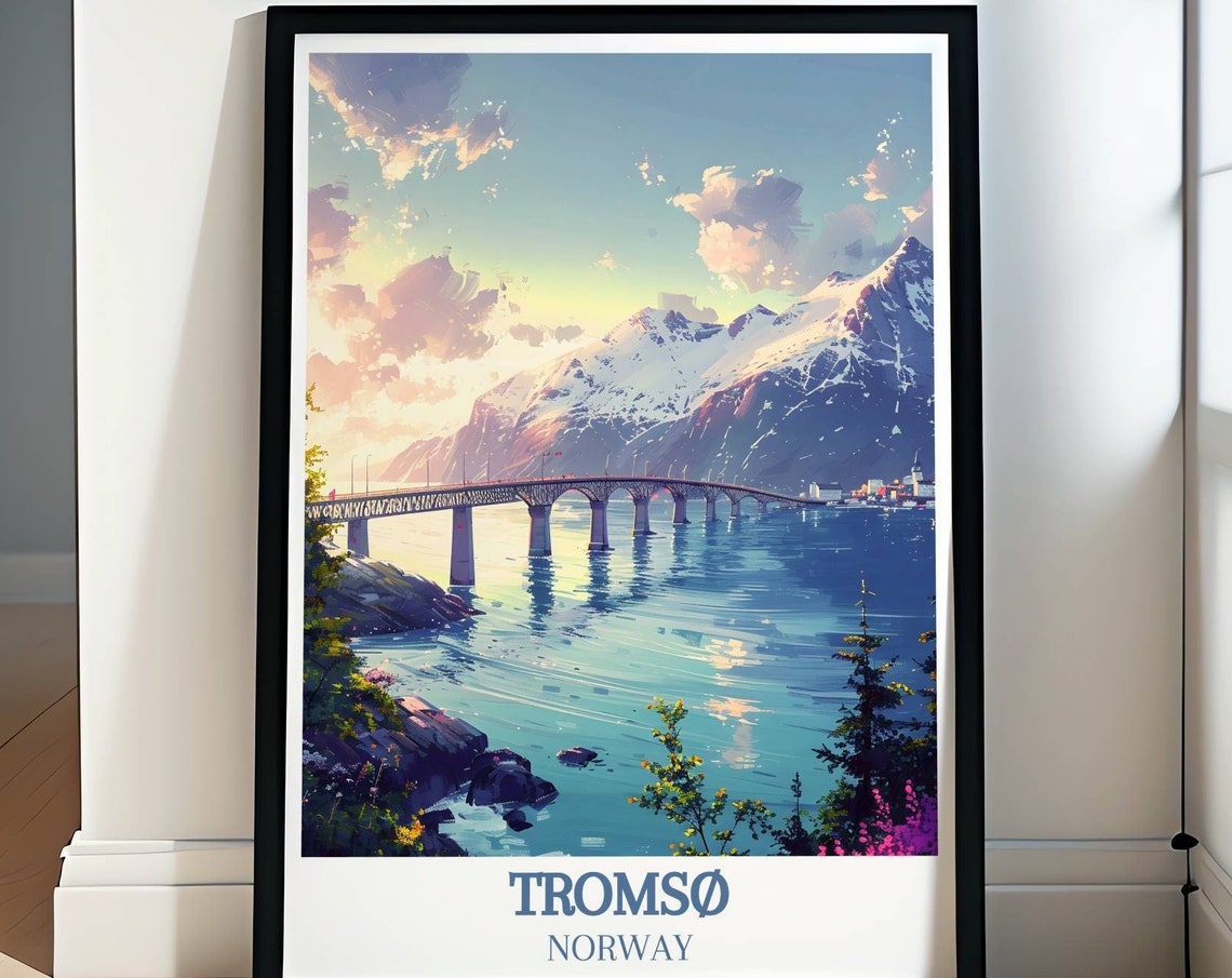 Tromso Norway Bridge Over Fjord Golden Sunset Reflection Poster