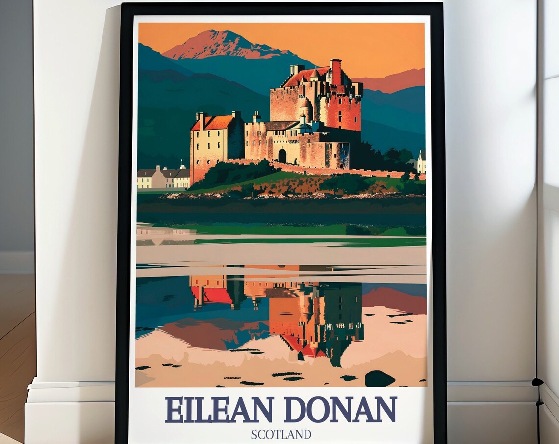 Eilean Donan Castle Scotland Sunset Reflection Vintage Travel Poster