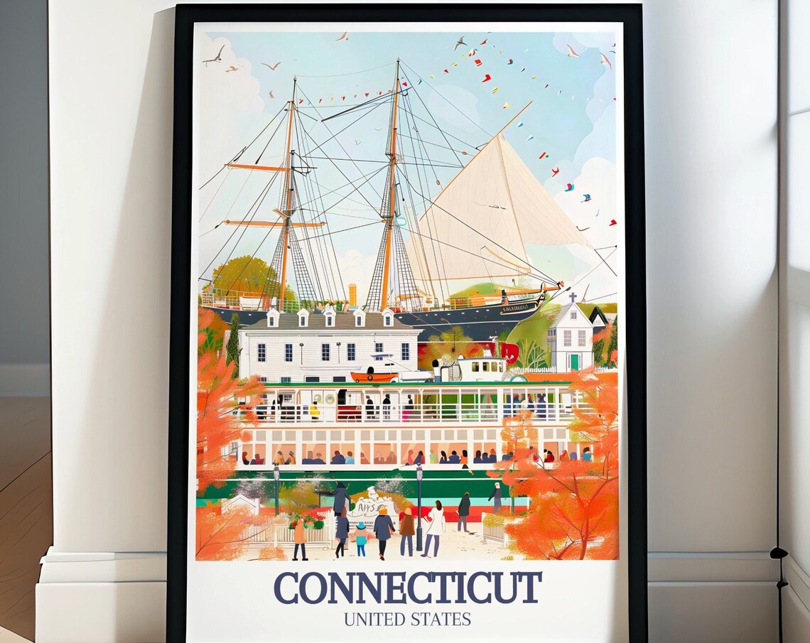 Connecticut Mystic Seaport Tall Ship Harbor Autumn Travel Poster