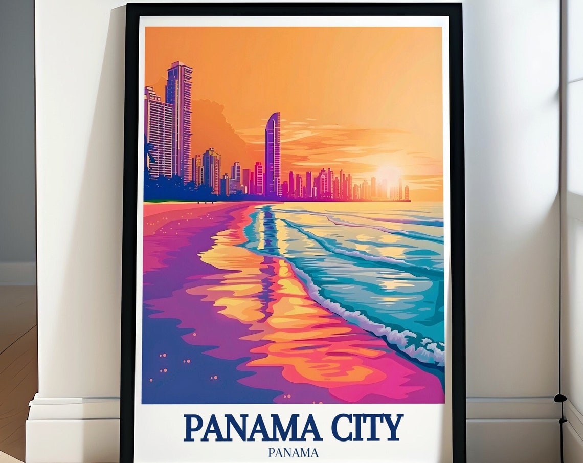 Panama City Panama Beach Sunset Vibrant Skyline Travel Poster