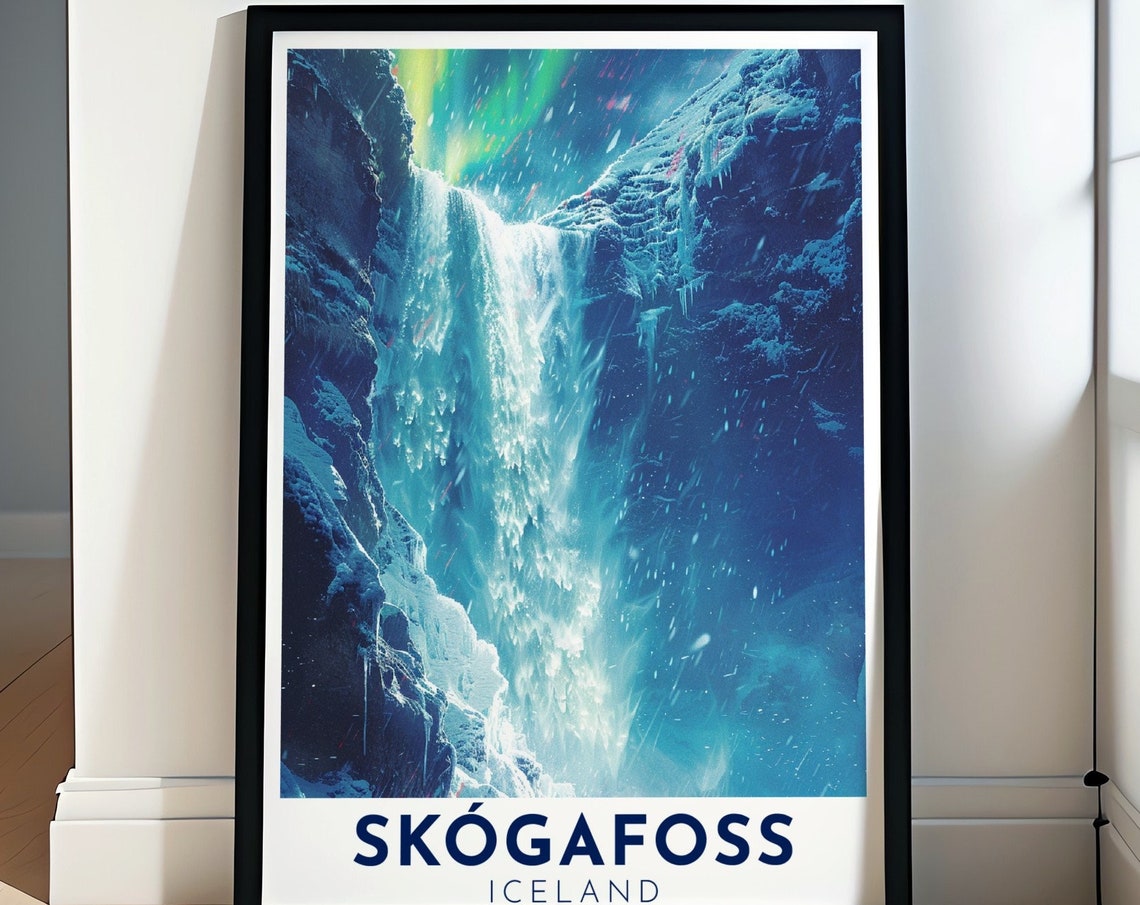 Skogafoss Iceland Frozen Waterfall Aurora Borealis Night Poster